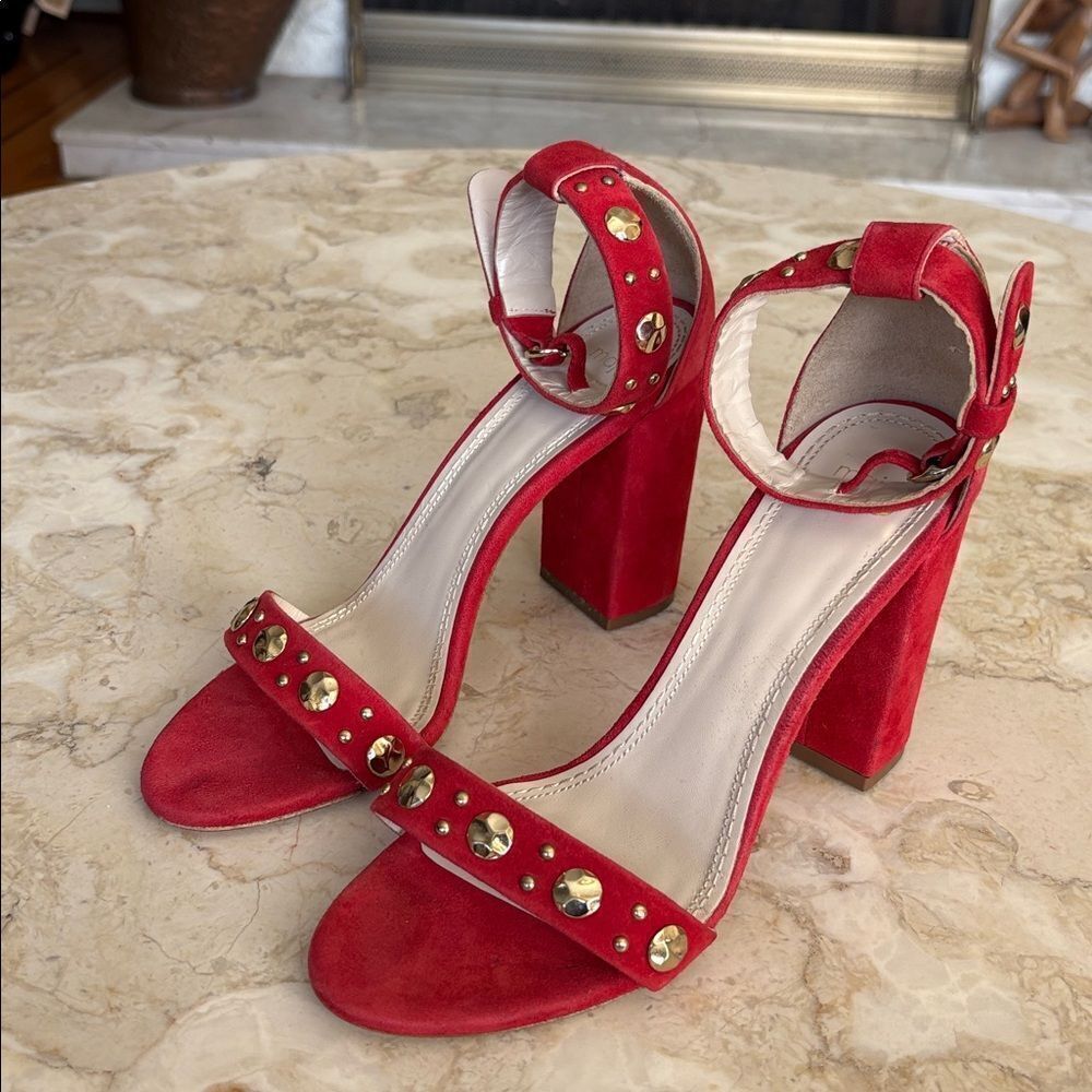 Maje Faria Red Suede Studded Chunky Heel Ankle Strap Sandals